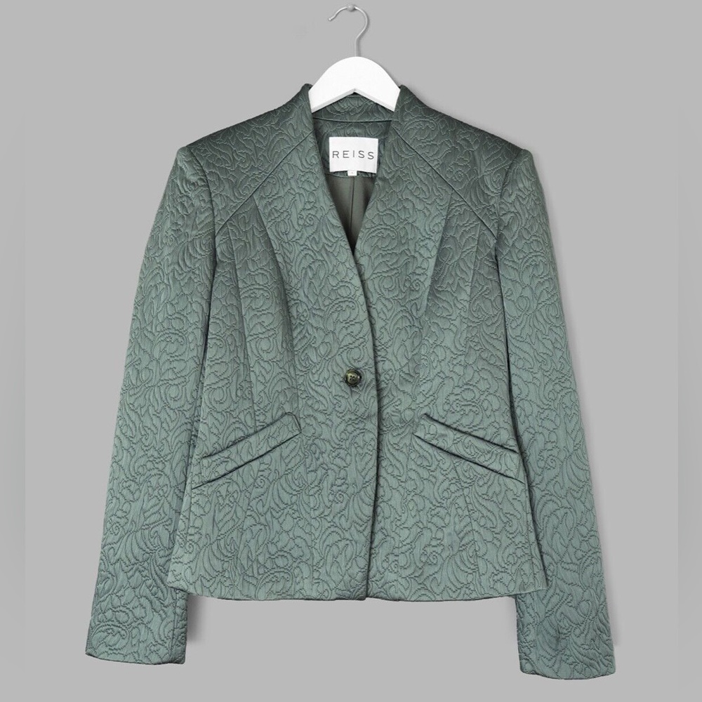 NEW REISS Yenes-Square Jacquard Blazer Jacket in Olive Green women’s small